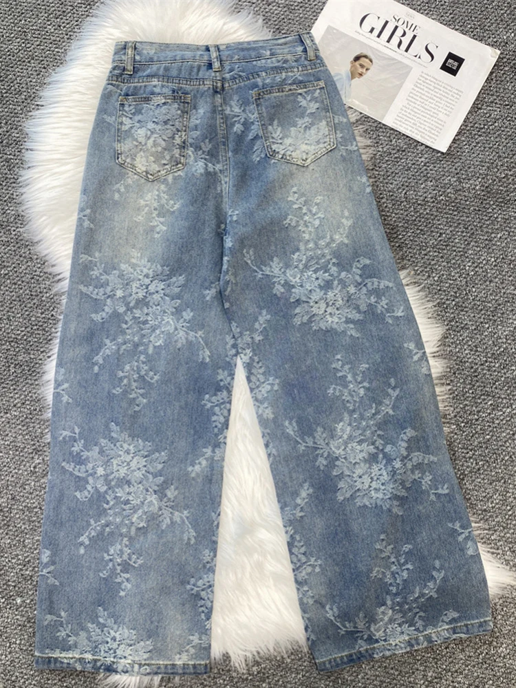 Damskie jeansy na wiosnę i lato z dżetami, szerokie nogawki w stylu high street, luźne spodnie dżinsowe w nowym żakardowym wzorze, amerykański szyk.