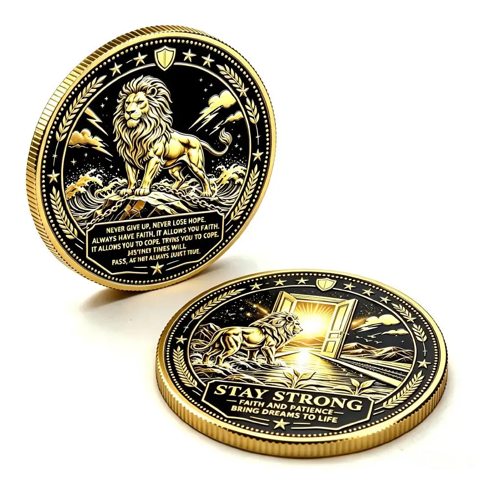 3D Black Gold Lion Motivational Medal Badge Inspirational Challenge Collectible Ornament Stay Strong Faith Quote Keepsake Gift