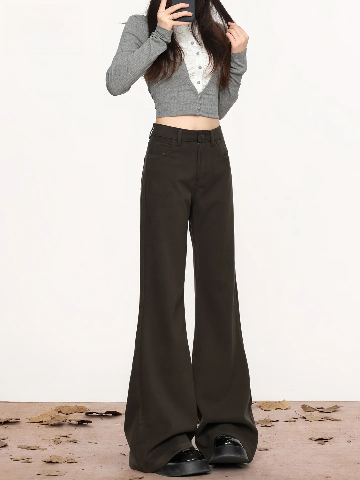 

Серые твидовые брюки-клеш с высокой талией в американском стиле, повседневные, женские, летние, новая модель, не леггинсы, драпированные, в пол, расклешенные брюки