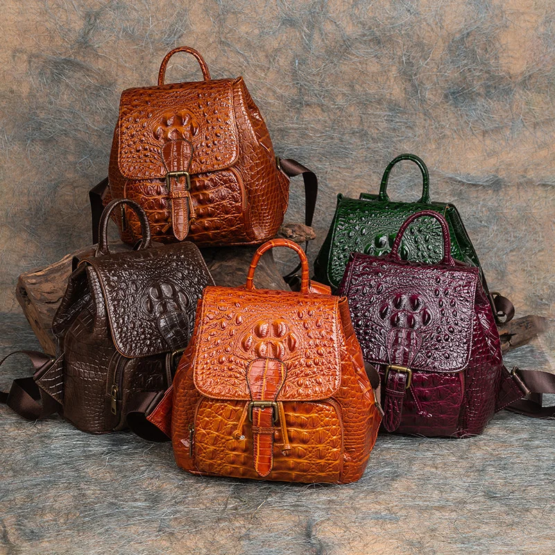 Vintage Genuine Leather Women Backpacks For School Teenagers Girls Backpack Ladies Crocodile Cowhide Travel Luxury Bags