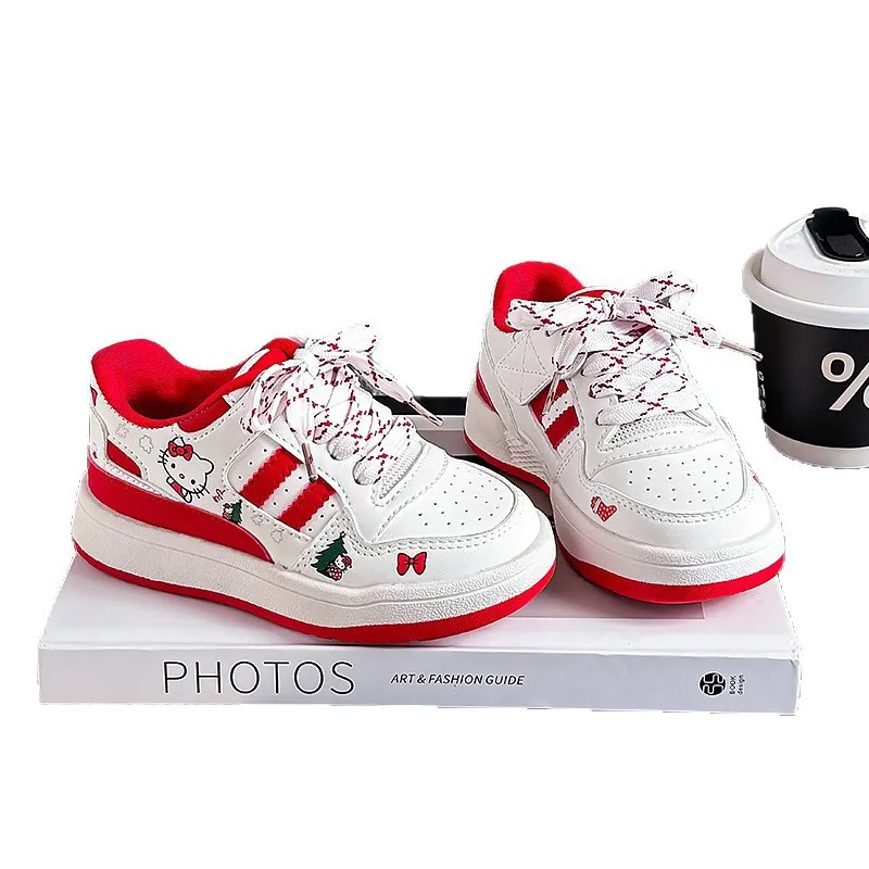 

Кроссовки Hello Kitty для девочек, красные, рождественская коллекция 2026 года, осенние, мультяшные, повседневные, для старших девочек, кроссовки KT Cat