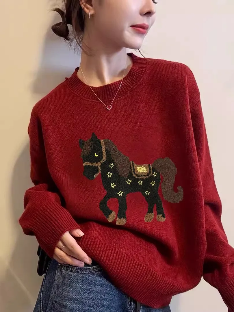 

Large Size 300 Pou Red Knitted Sweater with Print round Ne for Women Early Spring Loose Fit Warmth