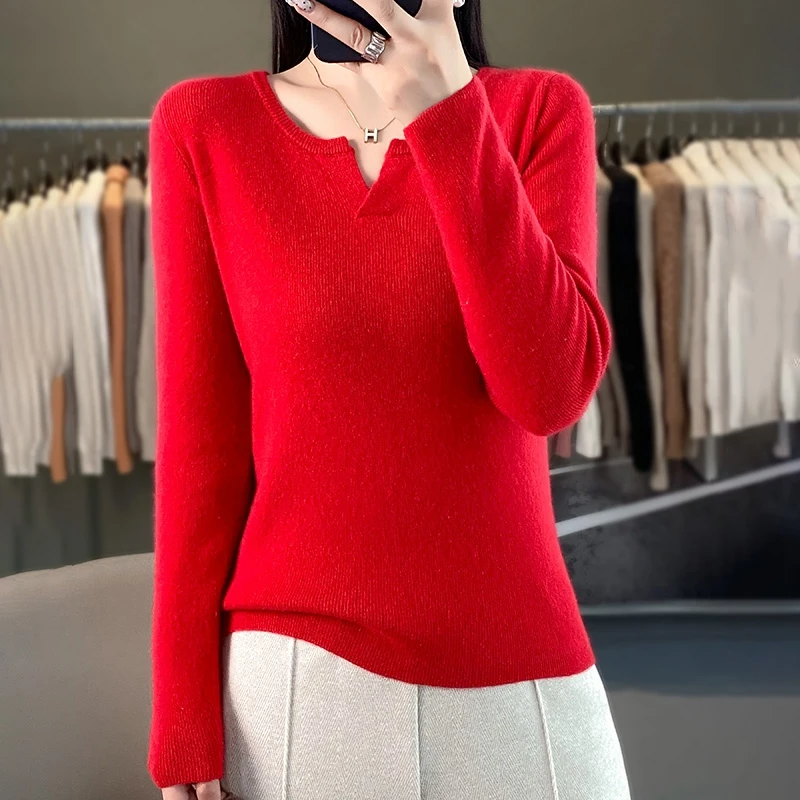 Fall/Winter Slim Women\'s Sweater round V-neck Andy Velvet Knitted Sweater Comfortable Warm Pullover Bottoming Shirt