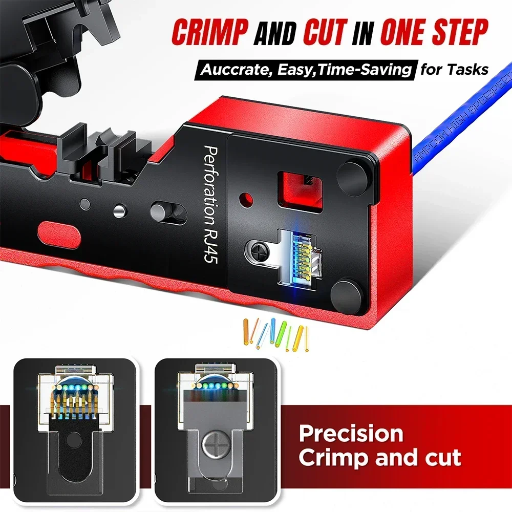 AMPCOM Cat 7 NETWORK CRIMPING Tool CRIMP/CUT/TRIM/STRIP 4 w 1 Współpracuje ze wszystkimi złączami RJ45/RJ11 Narzędzie do zaciskania z dwoma ostrzami