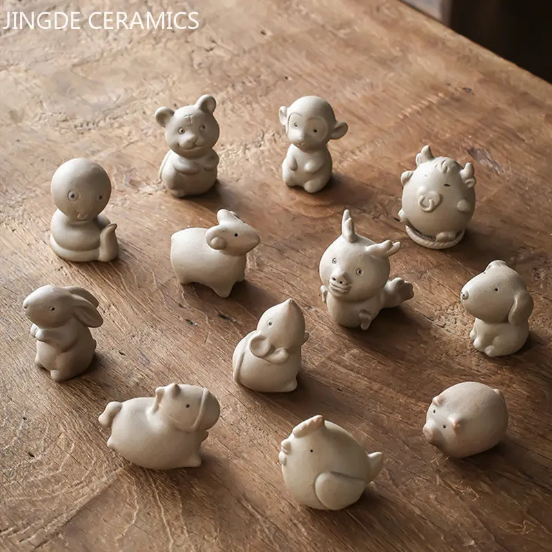 Coarse Pottery 12 Zodiac Finger Tip Mini Tea Pet Lovely Animal Sculpture Tea Figurine Ornaments Tea Set Decoration Accessories