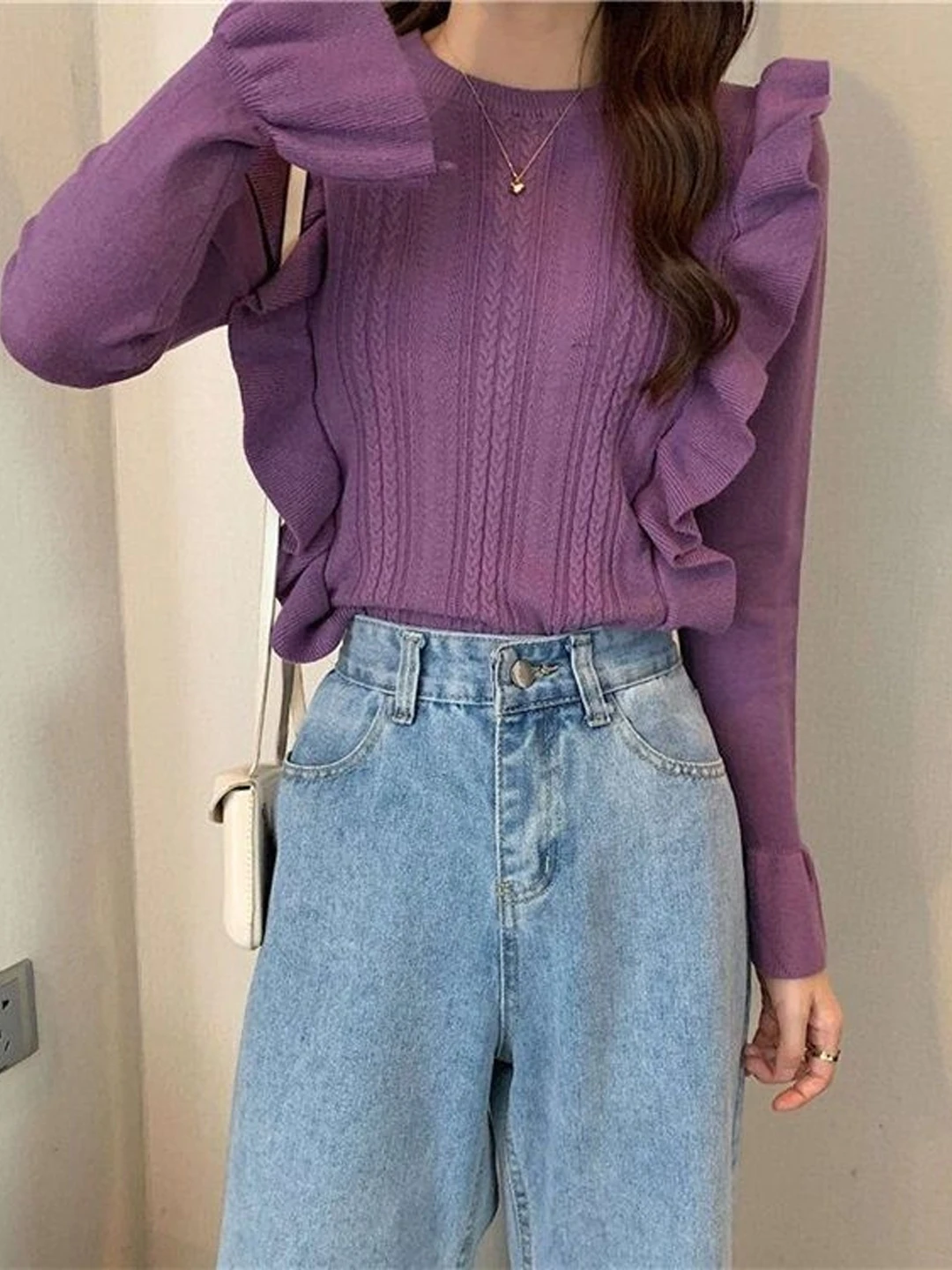 قميص نسائي محبوك بأكمام طويلة للتنحيف، تصميم فرنسي أنيق، ناعم الملمس، بأكمام واسعة، دافئ ومناسب للارتداء اليومي #5