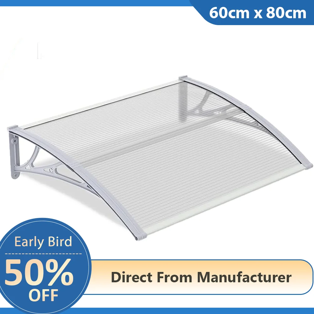 

Window Awning Canopy for Doorways 60cm x 80cm Outdoor Overhang Awnings Gray Bracket Transparnet Polycarbonate Roof Cover 24"x32"