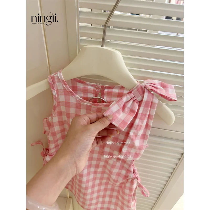 Girls2024Summer New Pink and White Plaid Bow Vest Skirt Baby Fashionable Dress Fashion