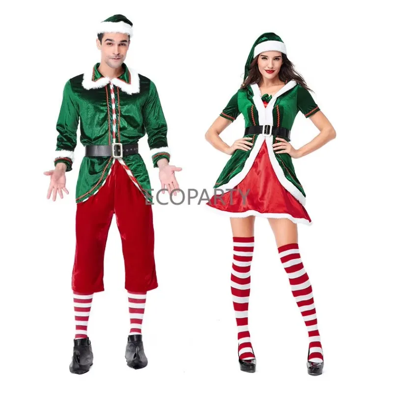 Men Christmas Santa Claus Costume Green Elf Cosplay Family Christmas Party New Year Fancy Dress Clothes Set For Adult