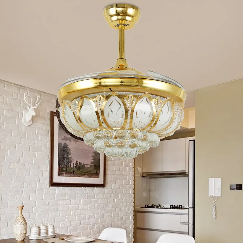Ventilador de techo Invisible, candelabro dorado, lámpara de ventilador de techo de cristal de lujo, aspas retráctiles con Control remoto para sala de estar