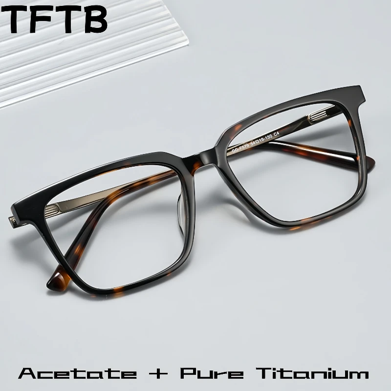 

TFTB Men's Luxury Pure Titanium Acetate Eyeglasses Frame Retro Square Retouch Face Big Size Optical Prescription Glasses GG579F