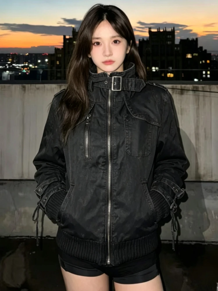 Women Y2K Grunge Streetwear Vintage Punk Hooded Jacket Zipper Safari Coat Stand Collar Casual Loose Outerwear Overcoat 2026