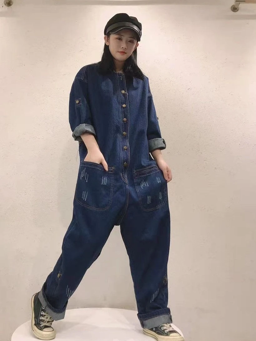 春と秋の新しい女性のカウボーイジャンプスーツ通勤ハイウエスト作業服ジャンプスーツ