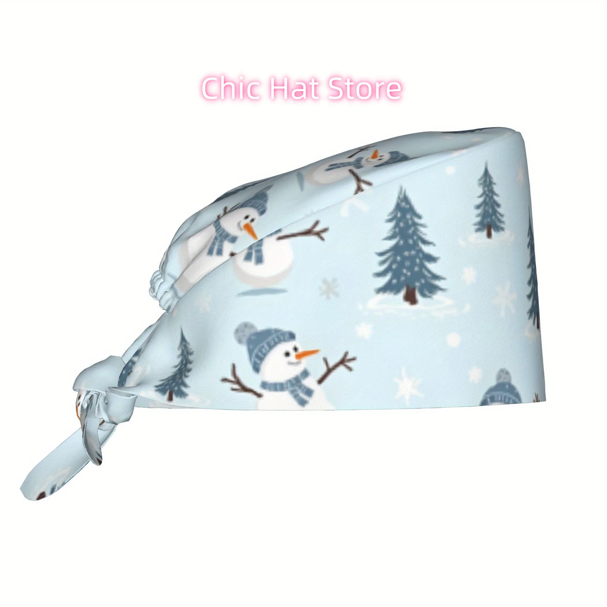 1pc Cute Snowman Print Unisex Adjustable Skull Cap - Lightweight Dustproof Nurse & Chef Hat for Cooking, Winter, Halloween, St.