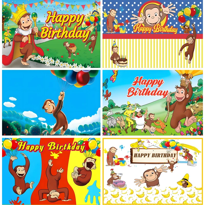 Curious George Backdrop Banner Cartoon Baby Shower Happy Birthday Party Supplies Vinyl Photography Background Photo Booth Props