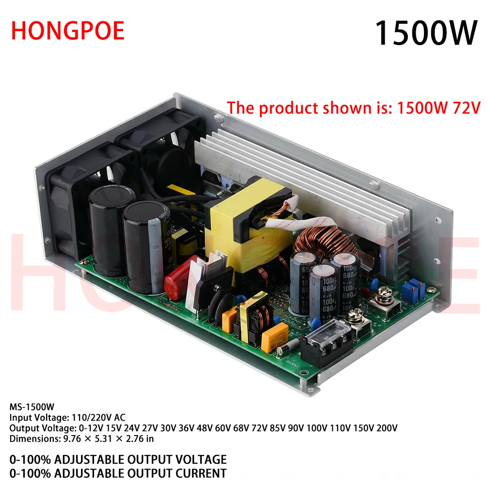 1500W Digital Display Adjustable Switching Power Supply 0-12V 24V 48V 60V 72V 110V 150V 200V 110/220V AC/DC Single Output SMPS