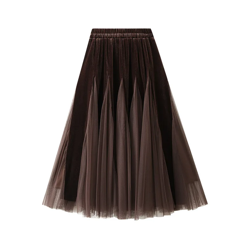 

Autumn and Winter Gold Velvet Spliced Mesh Half length Skirt for Women, Medium to Long Style, Slim Look, Large Swing Yarn Skirt