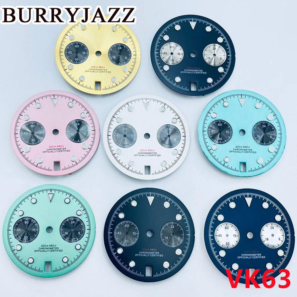 30mm Chronograph Dial for VK63 VK63A Watch with Date at 6 O'clock Green Luminous Panda Dial Quartz Movement Watch Accessory