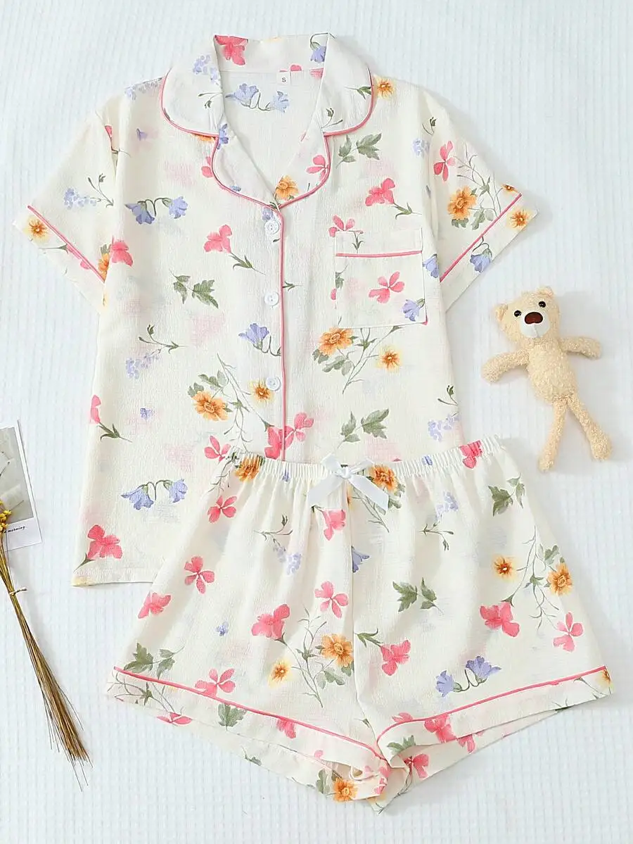 

Women Floral Print Short Sleeve Button Up Pajama Set With Turn-Down Collar Spring Summer Loungewear