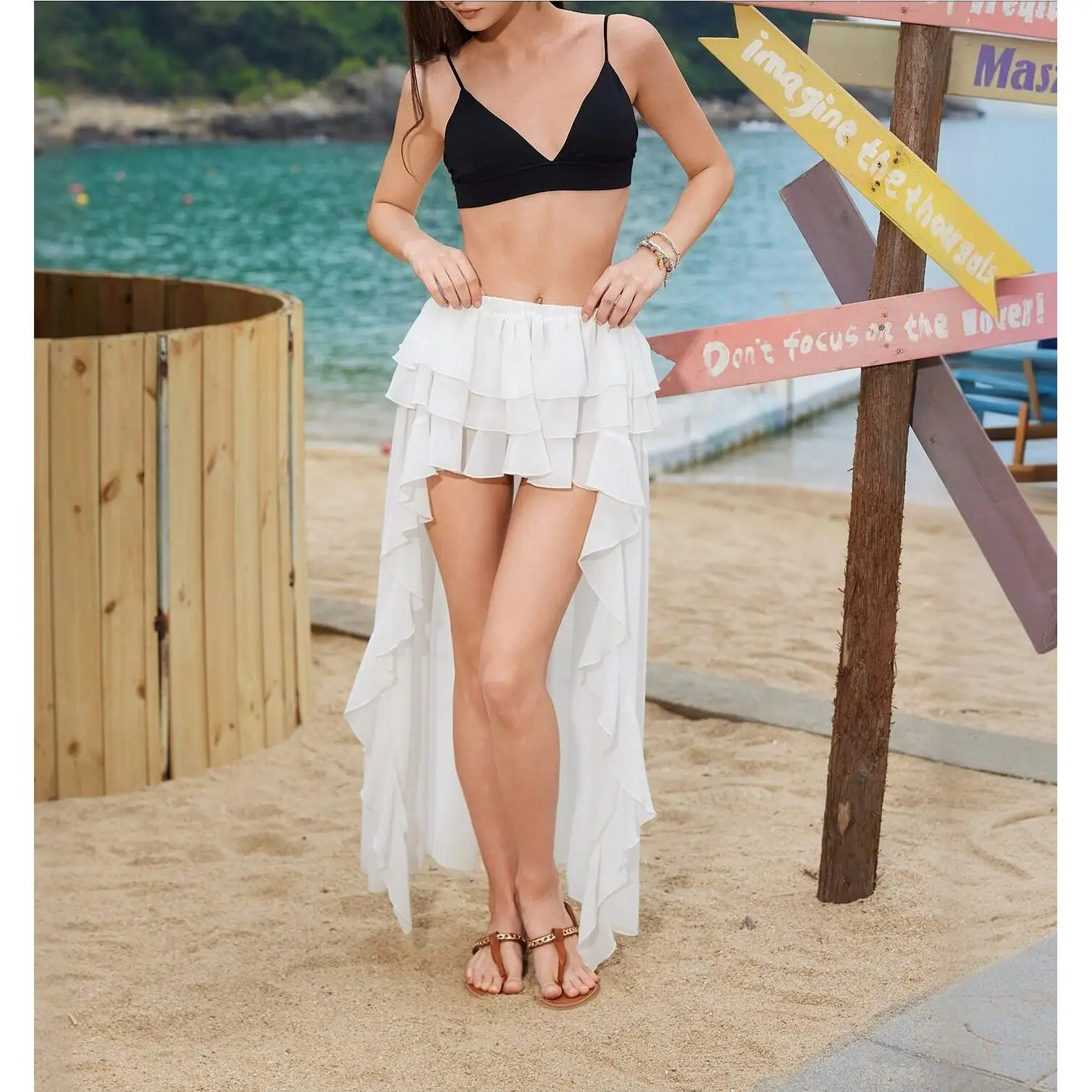 Pure Color Sexy Knitted Bikini Cover up Beachwear Asymmetrical  Skirt High Waist Cake Style Women's Swimsuit Cover up