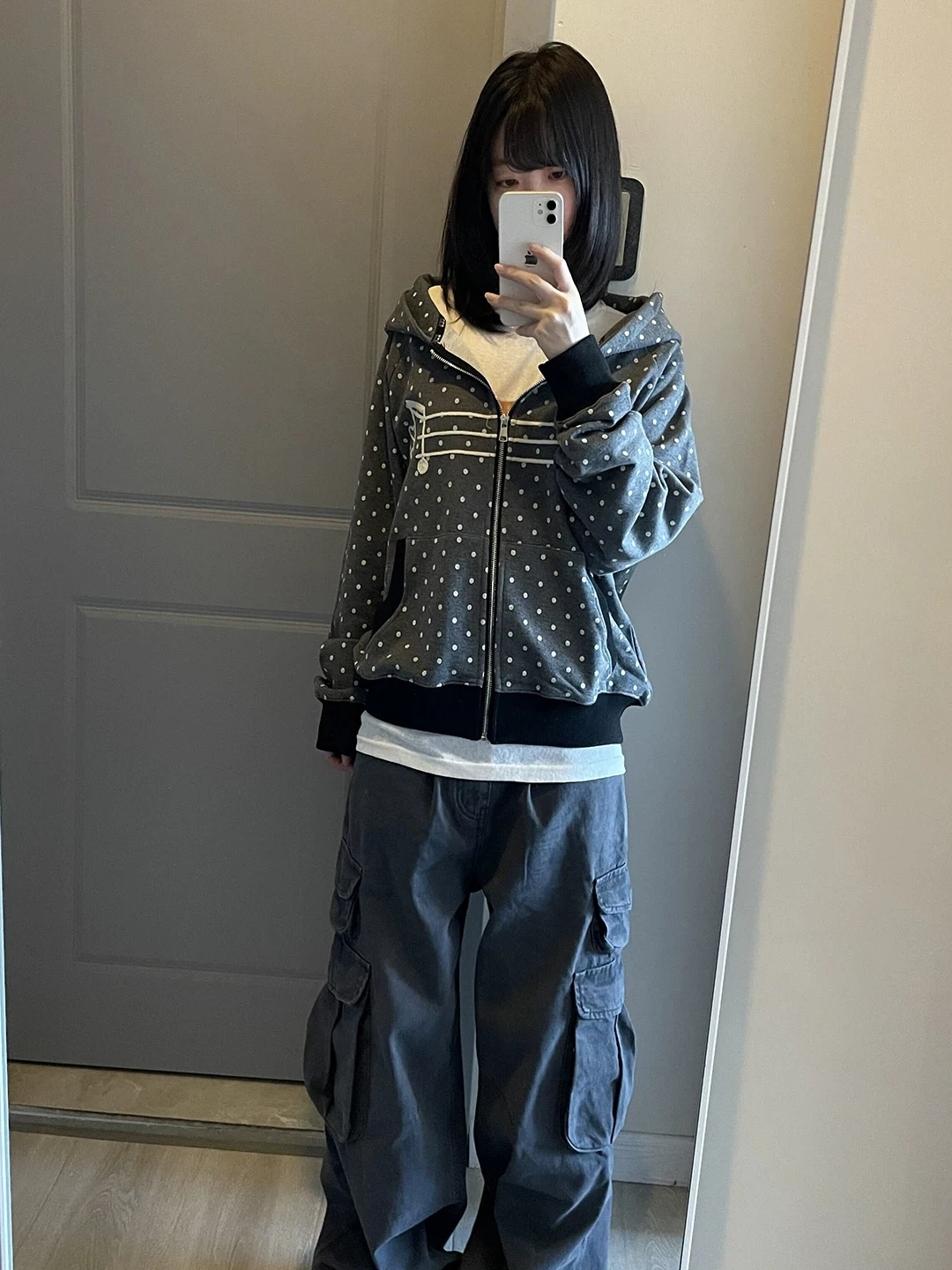 Korean Style Girls Note Embroidery Polka Dot Hoodie Women Early Autumn New Loose Zipper Open Cardigan Outerwear Top