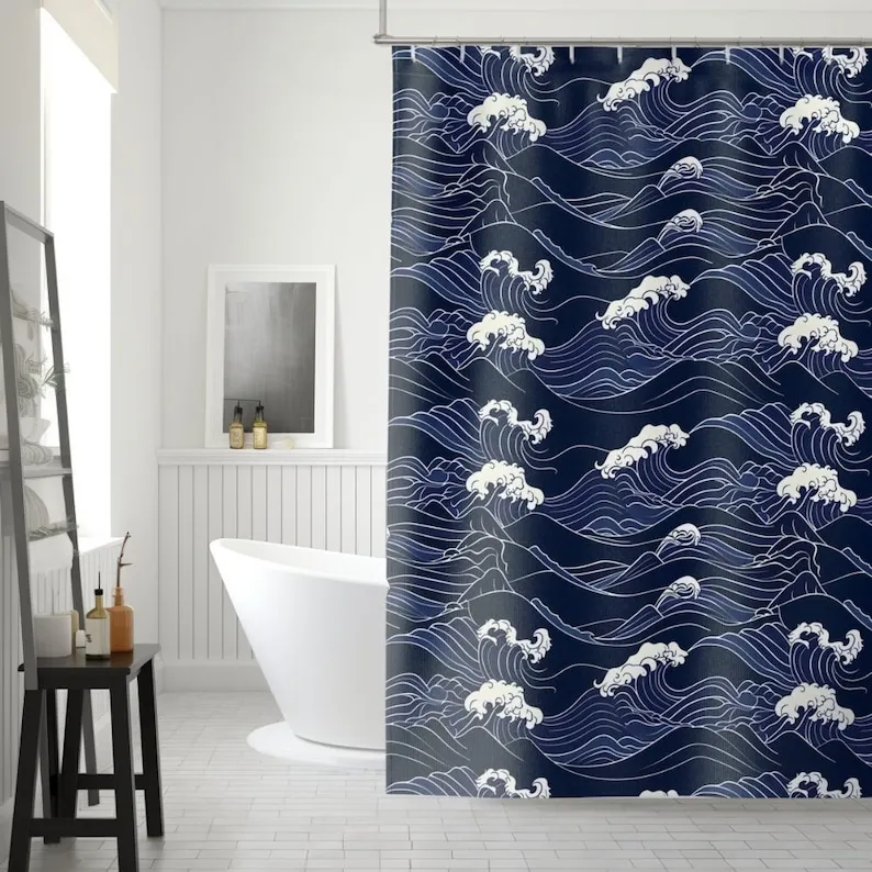 Indigo Waves Shower Curtain: Serene Ocean Bathroom Decor (71x74 Inch)