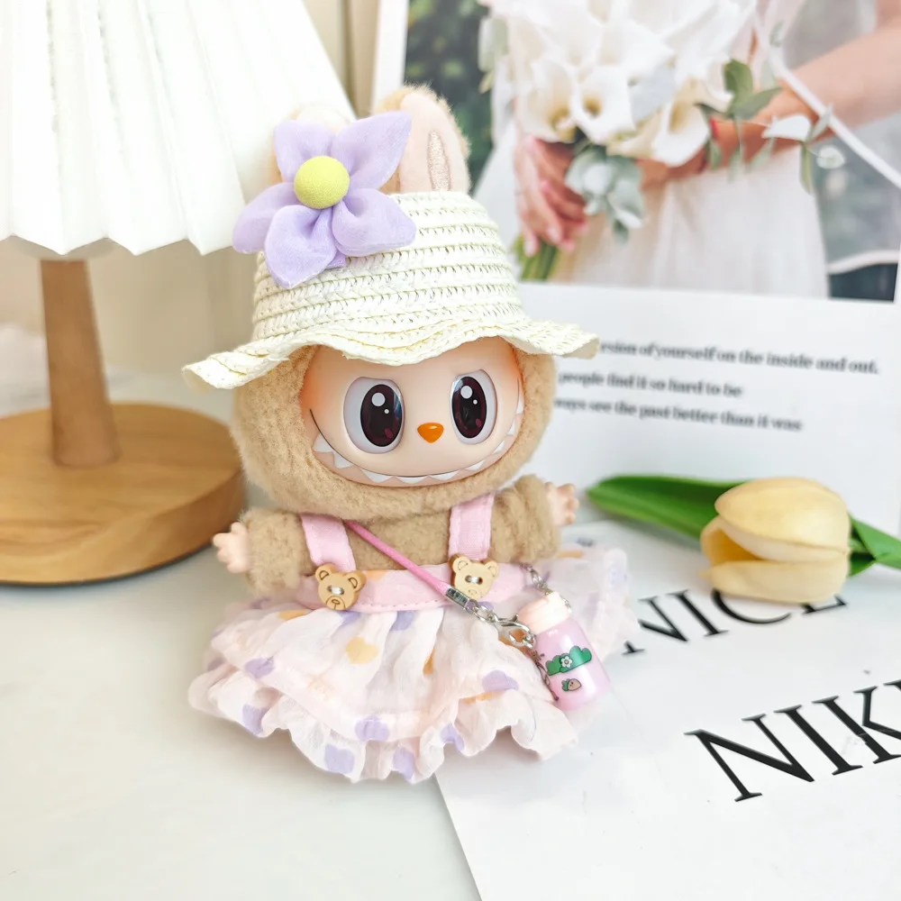 Mini Plush Doll'S Clothes Outfit Accessories For Labubu V1 V2 Idol Dolls Sit Party Straw Hat Suspender Dress Clothing Gift