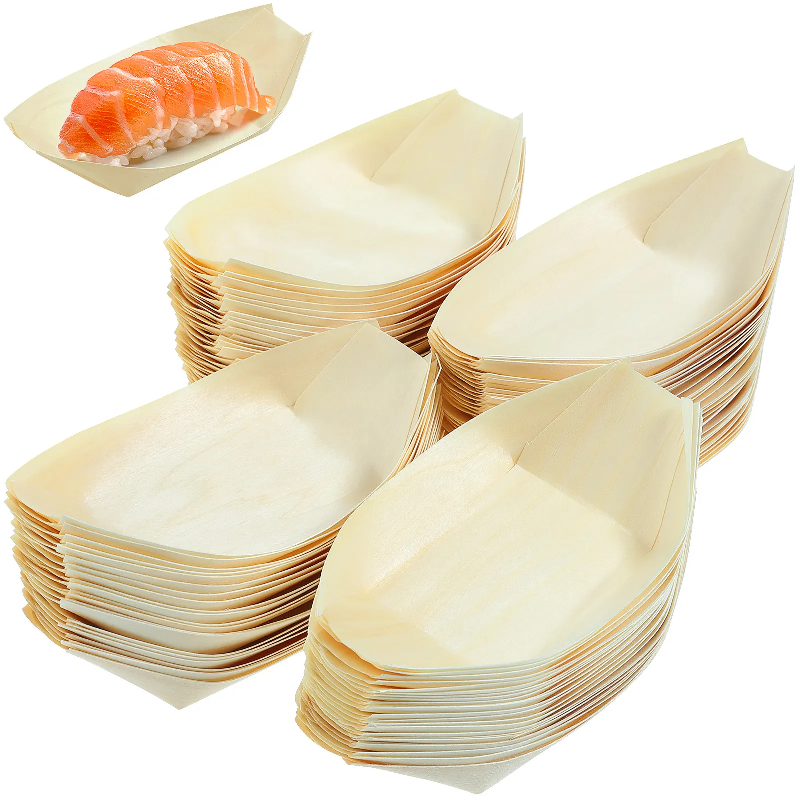 100pcs Sustainable Wood Sushi Boats – Stackable Serving Plates for Sushi, Salmon, Salads, Chips & Takeaway