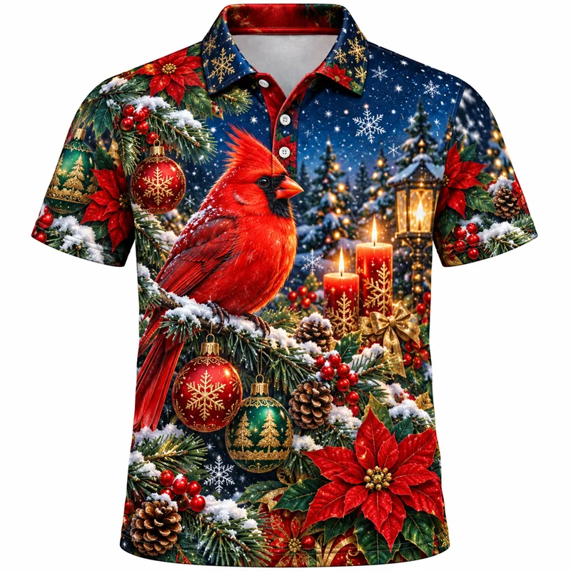 Christmas Polo Shirt for Men Short Sleeve Fox Polar Bear Raccoon Squirrel Cardinal Designs Holiday Party Top