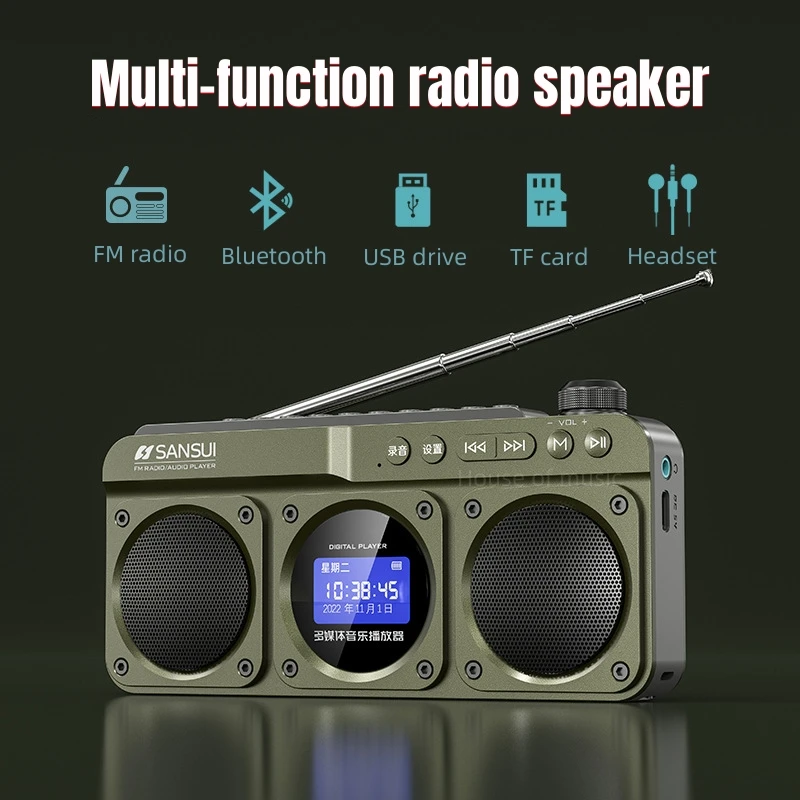 Small Portable Charging Radio with Bluetooth Multi-function Speakers LED Clock Lyrics Display Switch Between Chinese and English