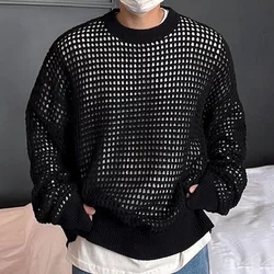 Fashion Youth Pullover Hollow Out Sweater Spring and Autumn New Streetwear Mens Tops Long Sleeve Mesh Knit Shirt