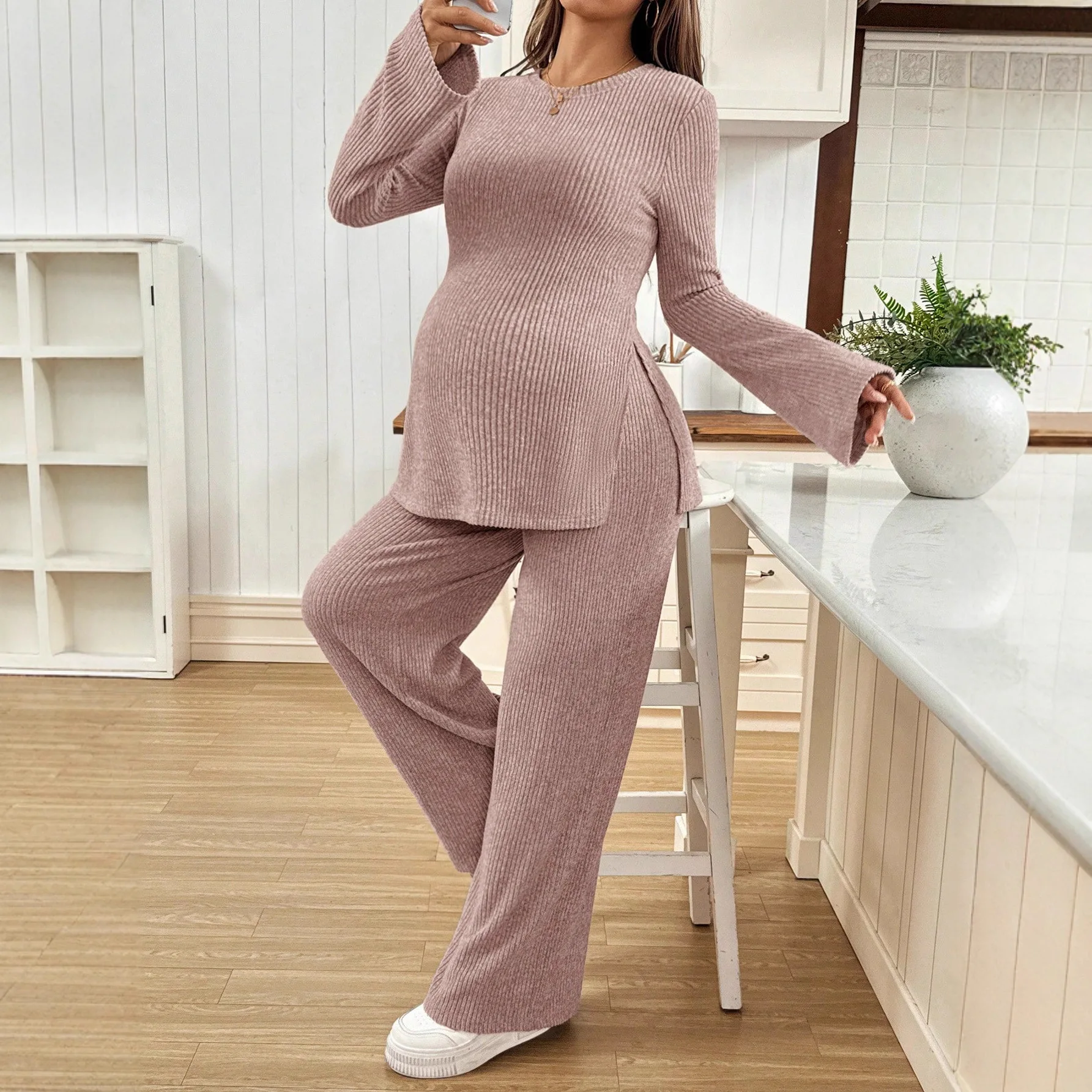 الخريف الأوروبية الأمريكية الأمومة 2 قطعة مجموعة سترة أعلى متوهج الأكمام و الجانب الشق زائد قابل للتعديل الخصر متماسكة السراويل الحمل #4