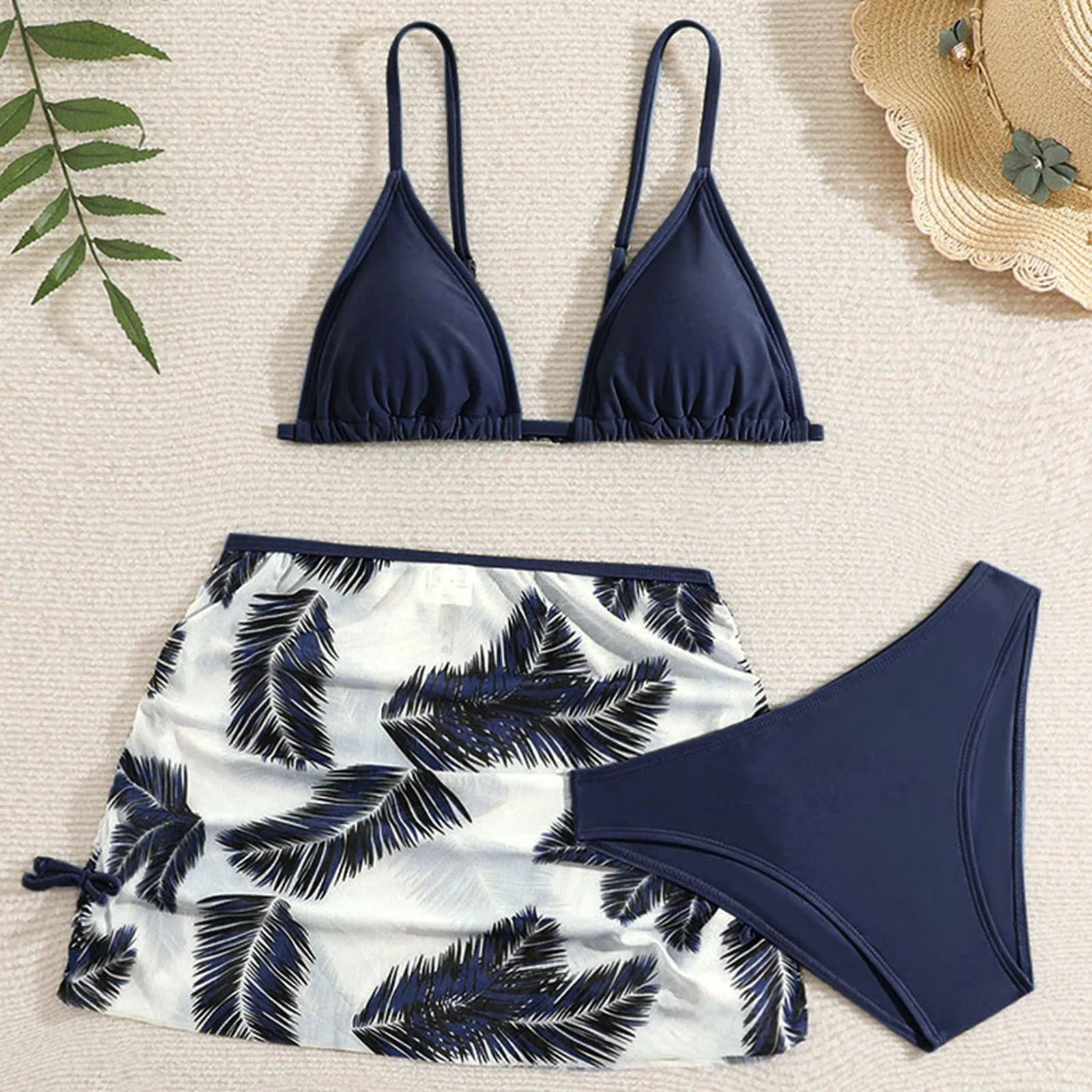 

2025 Leaf Print Girls Swimsuit Toddler 3 Piece Swimsuits Solid Color Rullfe Bathing Suit Beach Swimwear Set Girls Bikinis