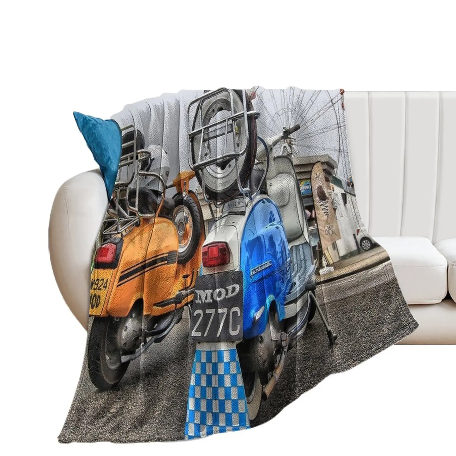 Mod scooters at the beach Throw Blanket Sofas Giant Sofa Blankets For Bed Blankets