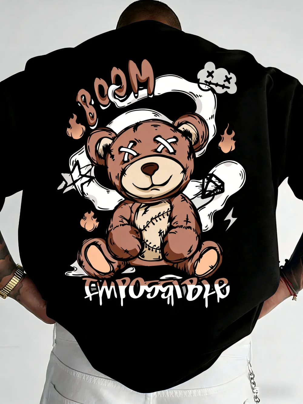 American style new men's summer skateboarding bear letter print micro elastic breathable round neck T-shirt outdoor street top