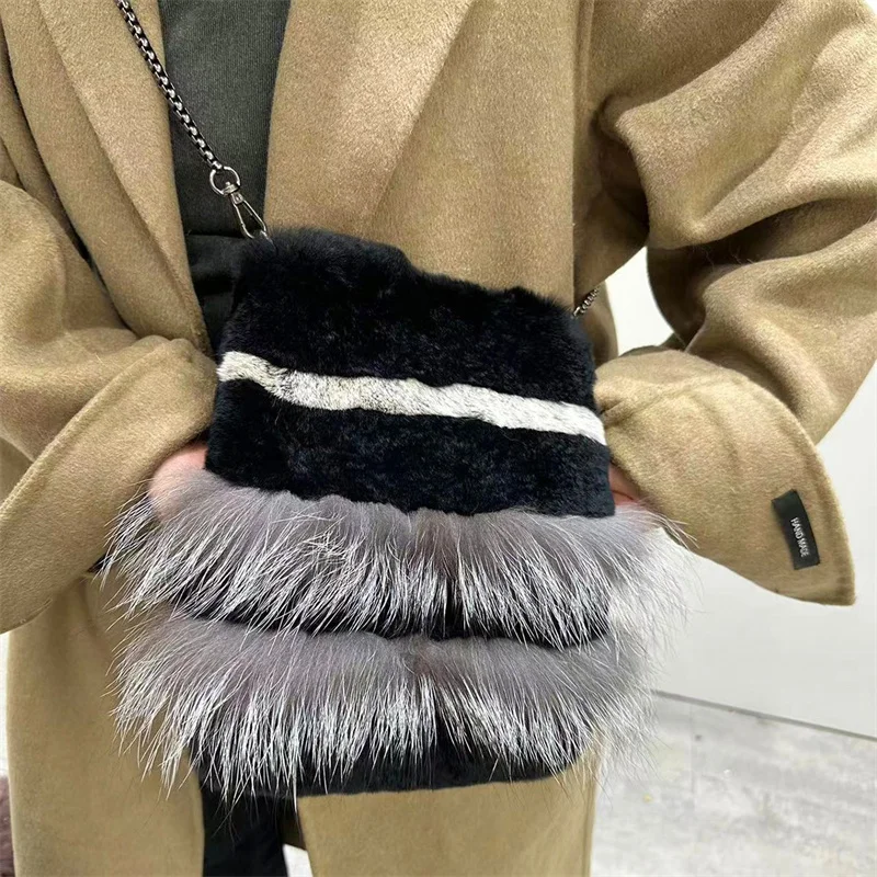 Winter Fashion Plush Tote Bag Rex Rabbit Fur Large Capacity Tote Bag Women's High Quality Plush Chain Crossbody Bag