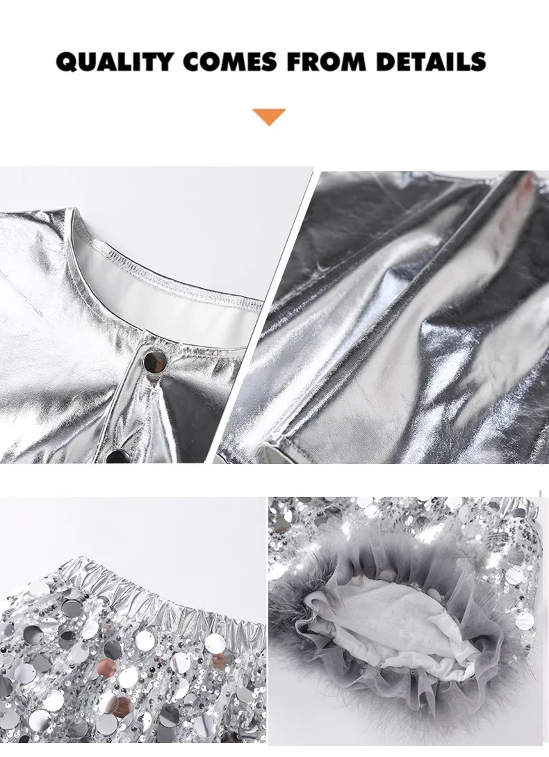 Mädchen Silbernes Pailletten-Jazz-Hip-Hop-Tanzkostüm Streetdance-Bühnenoutfit Glitzerndes Pailletten-Tanzoutfit-Set – Detail 15