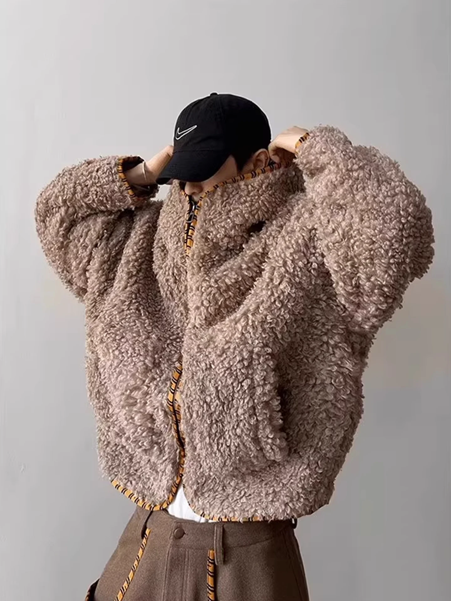 

Autumn Winter Thiened Lamb Fur Hooded Open Cardigan Cotton Jaet Men's Sle Lazy Faion High Quali Cotton Outerwear