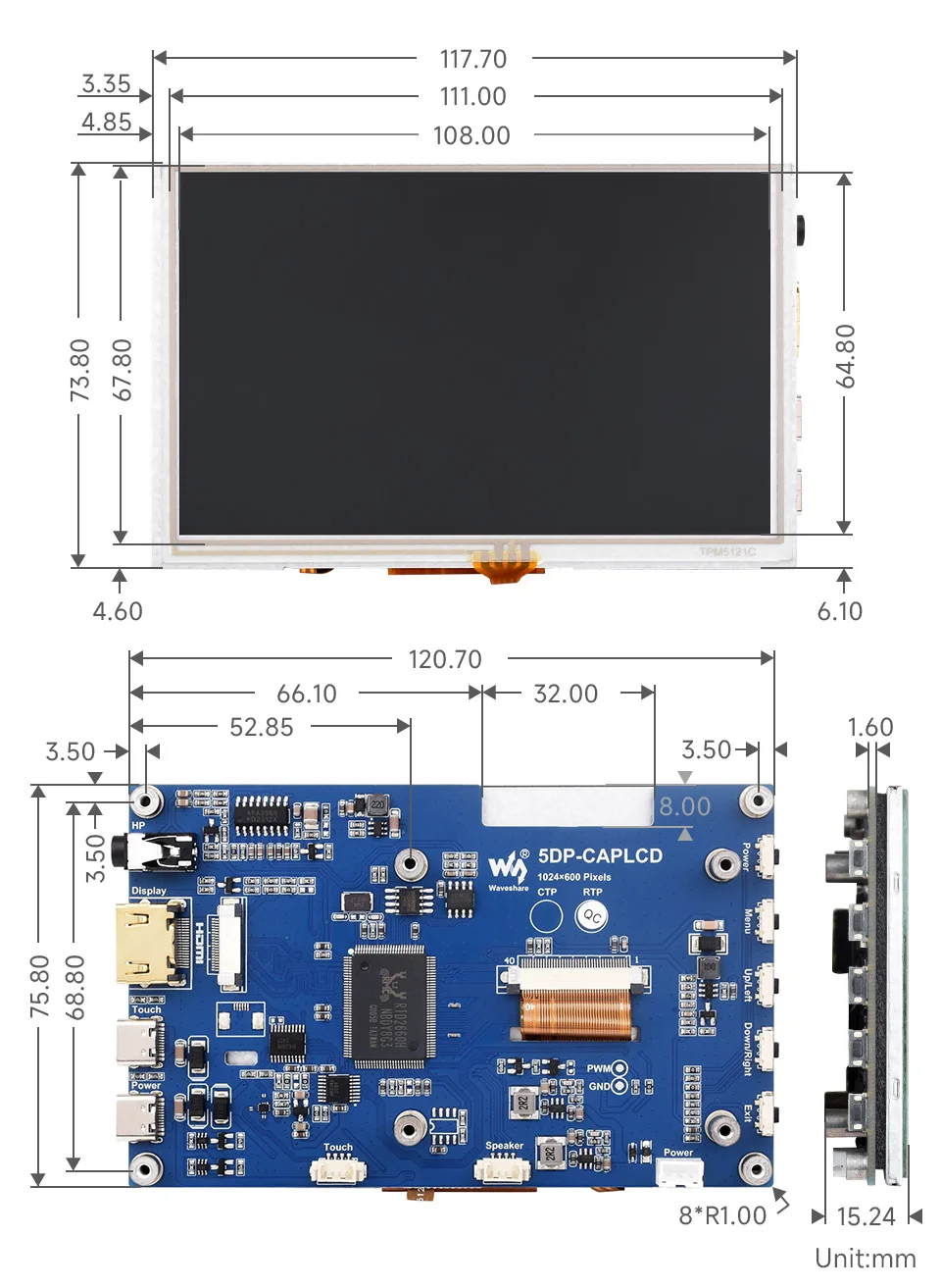 5DP-CAPLCD-B, 5-дюймовый резистивный сенсорный экран со стрелками, 1024x60 0 пикселей, панель из закаленного стекла, интерфейс HDMI, панель IPS