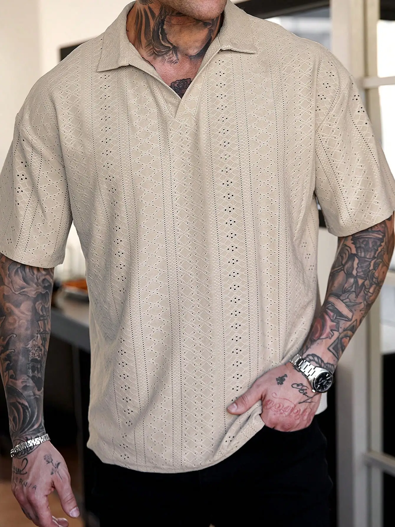 

Men's Beige Textured Jacquard V-Neck Short-Sleeve Polo Shirt, Loose Fit for Summer Casual Wear