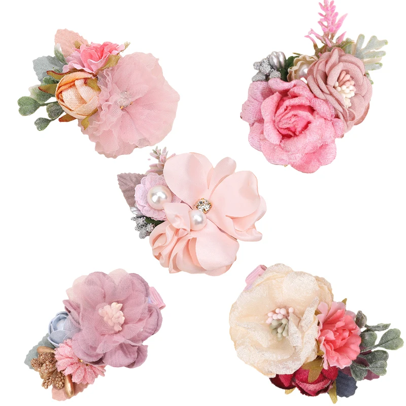 Oaoleer Sweet Girls Artificial Flower Hair Clips Cute Mesh Rose Hairpin with Pearl Barrette Hairgrips Kids Hair Accessories Gift