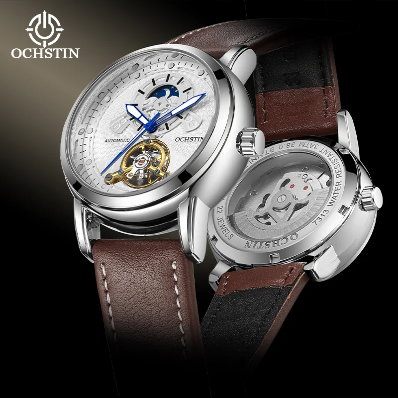 OCHSTIN Men Wrist Watch Automatic Self Wind Classic Day Night 24hour Indicator Luminous Luxury Tourbillon Skeleton Leather Strap