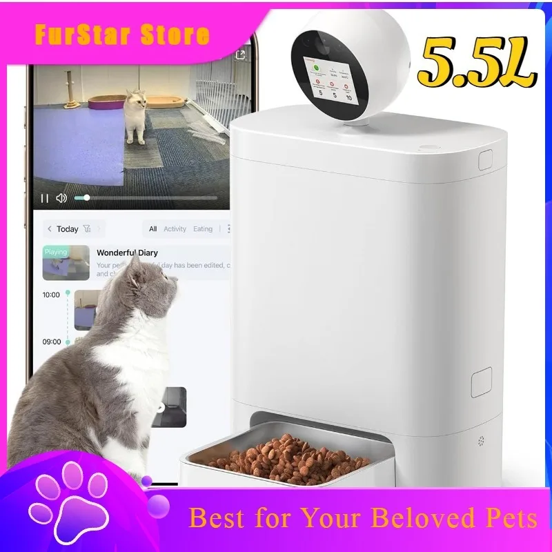 FurStar5.5L Automatic Cat Feeder With 3MP HD 360° Camera AI Smart Pet Feeder With App Control Large Capacity Cat Dog Food Dispen