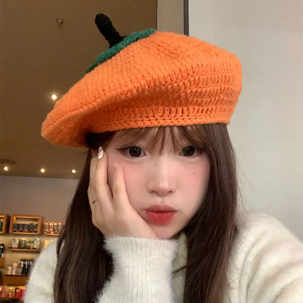 

Temperament Kawaii Persimmon Beret Cartoon Japanese Knitted Hat Warm Fruit Shape Y2K Painter Hat Spring and Autumn