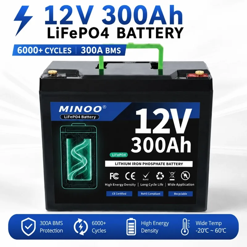 12V 300Ah LiFePO4 Solar Battery Deep Cycle Rechargeable Built-in BMS Lithium 300000mAh for Power Wheels Scooters Fish Finder
