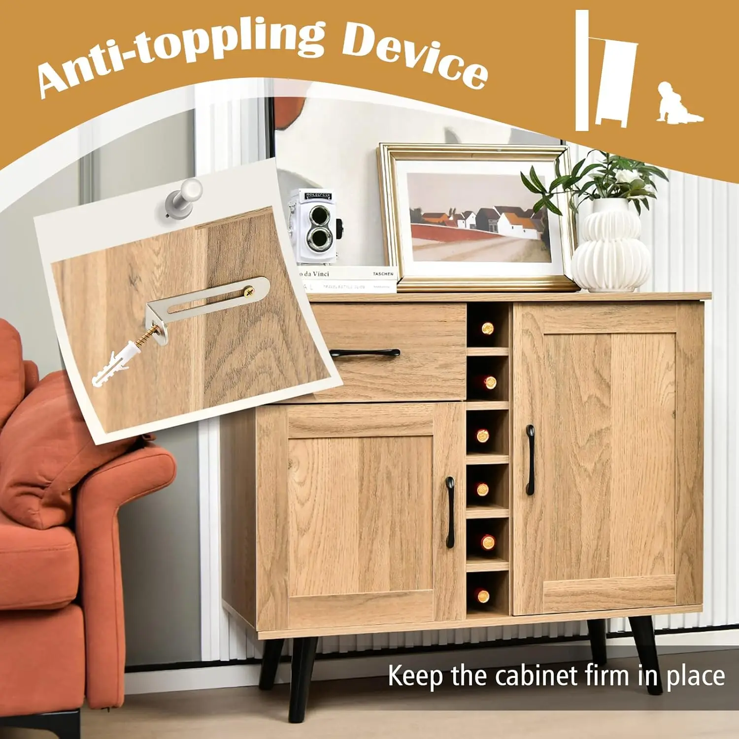 Afbeelding 7: Keukendressoir with wine rack for 6 bottles, barkast with 2 door and 1 drawer, storage cabinet with adjustable planks for living room, ee