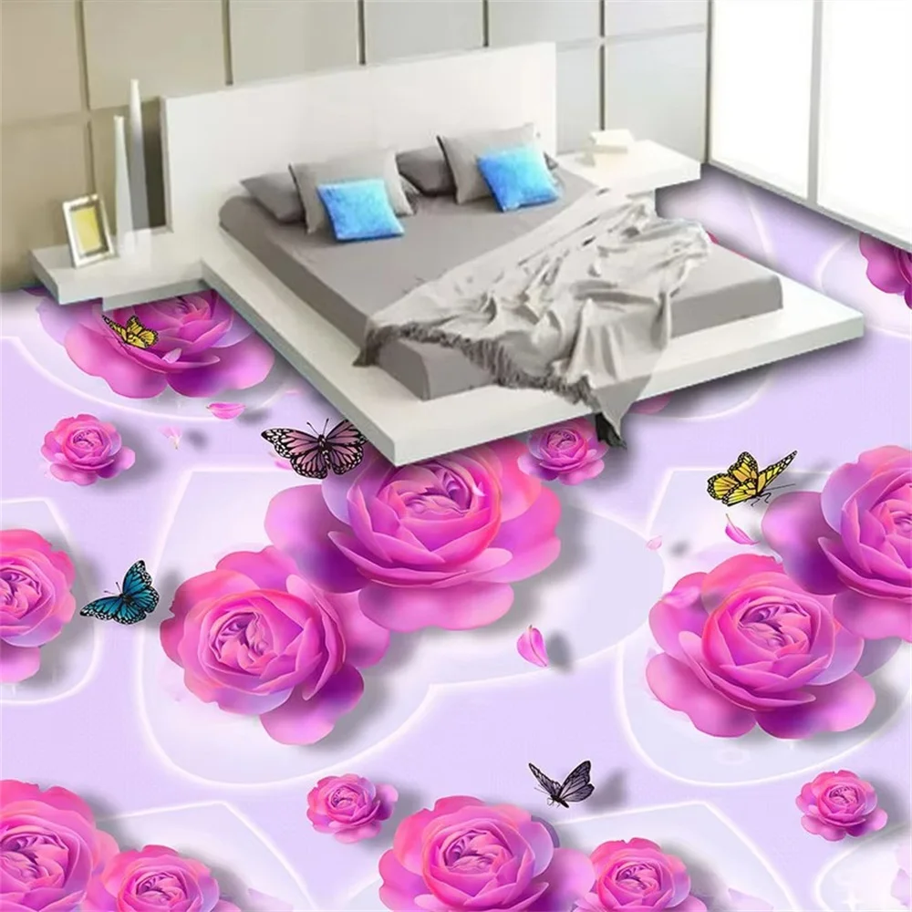 Pintura de suelo 3D personalizada, rosas rosas, mariposas, moda para dormitorio, suelo de PVC, gotas de agua, papeles tapiz de flores, suelo autoadhesivo