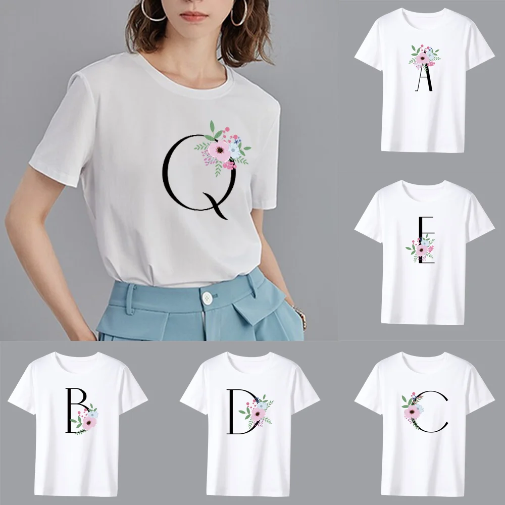 Vintage T Shirts for Women Flower and Black Letter Name Print Tee Top Short Sleeve Hop O-Neck T Shirts Women Clothing Camiseta