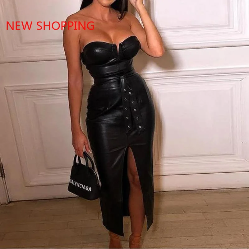 

black Solid Tube Coated PU Dress Women sexy summer dresses mini bodycon club party strapless vestidos 90s vintage dark academia