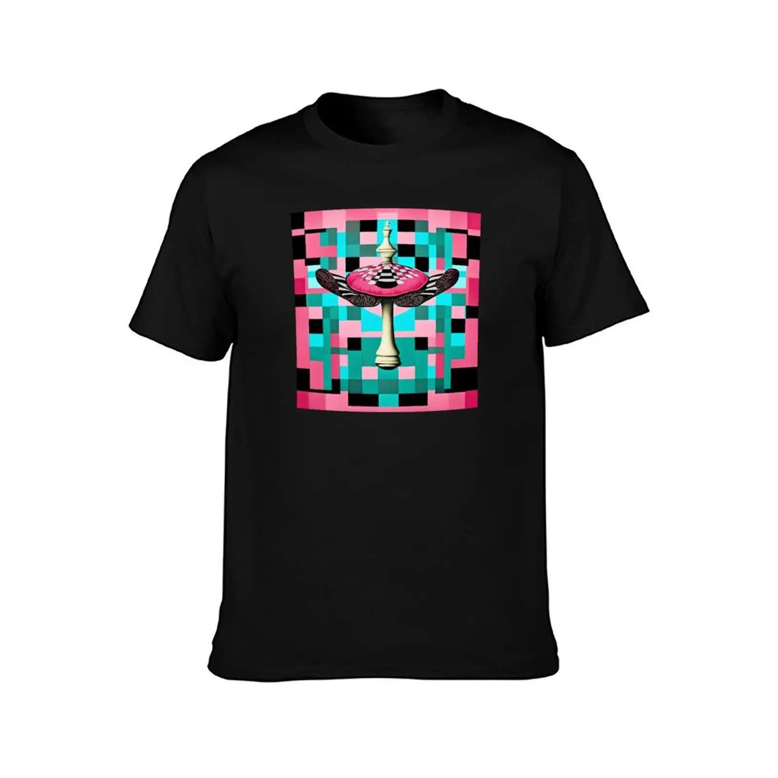 Des agarics mouches d’une beauté fantastique sur fond de motifs en damier bleu et de turquoise. Champignons. T-Shirt